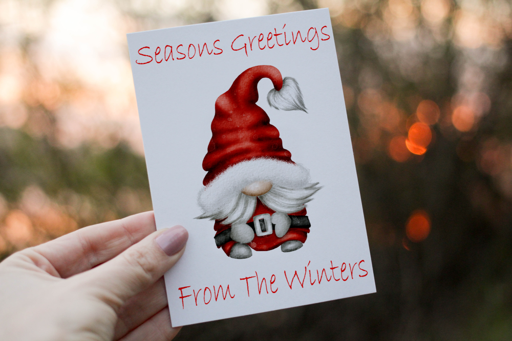 Seasons Greetings Gnome Christmas Card, Family Christmas Card